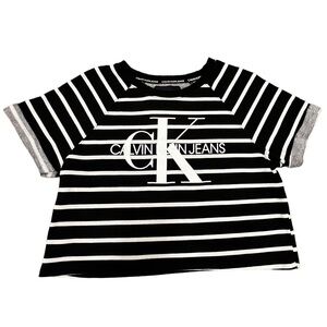 CALVIN Klein Black Striped Cotton Blend Boat Neck Short Sleeve Crop Top, Size M
